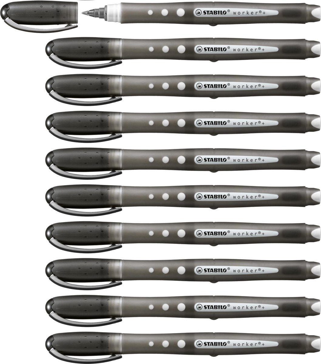 Stabilo worker+ farverig - rollerball 0,5 mm - sort - æske med 10 stk.