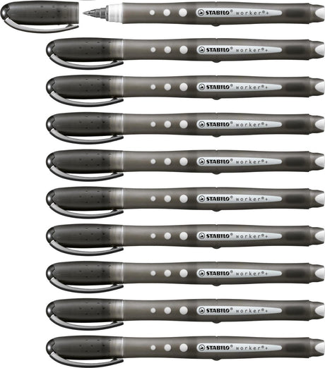 Stabilo worker+ farverig - rollerball 0,5 mm - sort - æske med 10 stk.