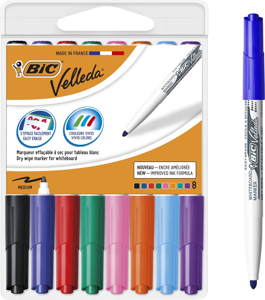 Bic velleda whiteboard tuscher med etui - forskellige farver - 8 stk