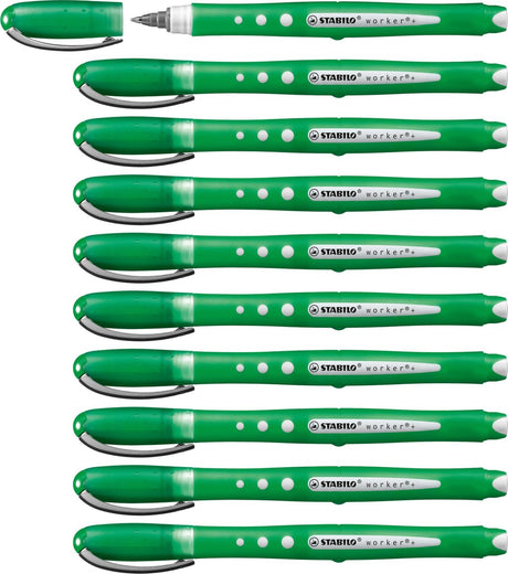 Stabilo worker+ farverig - rollerball 0,5 mm grøn - æske med 10 stk