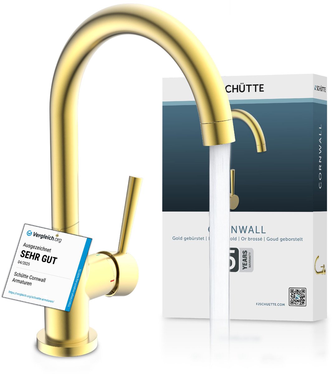 Schütte Cornwall design køkkenhane - blandingsbatteri - høj, drejelig rund tud - sidehåndtag - mat guld
