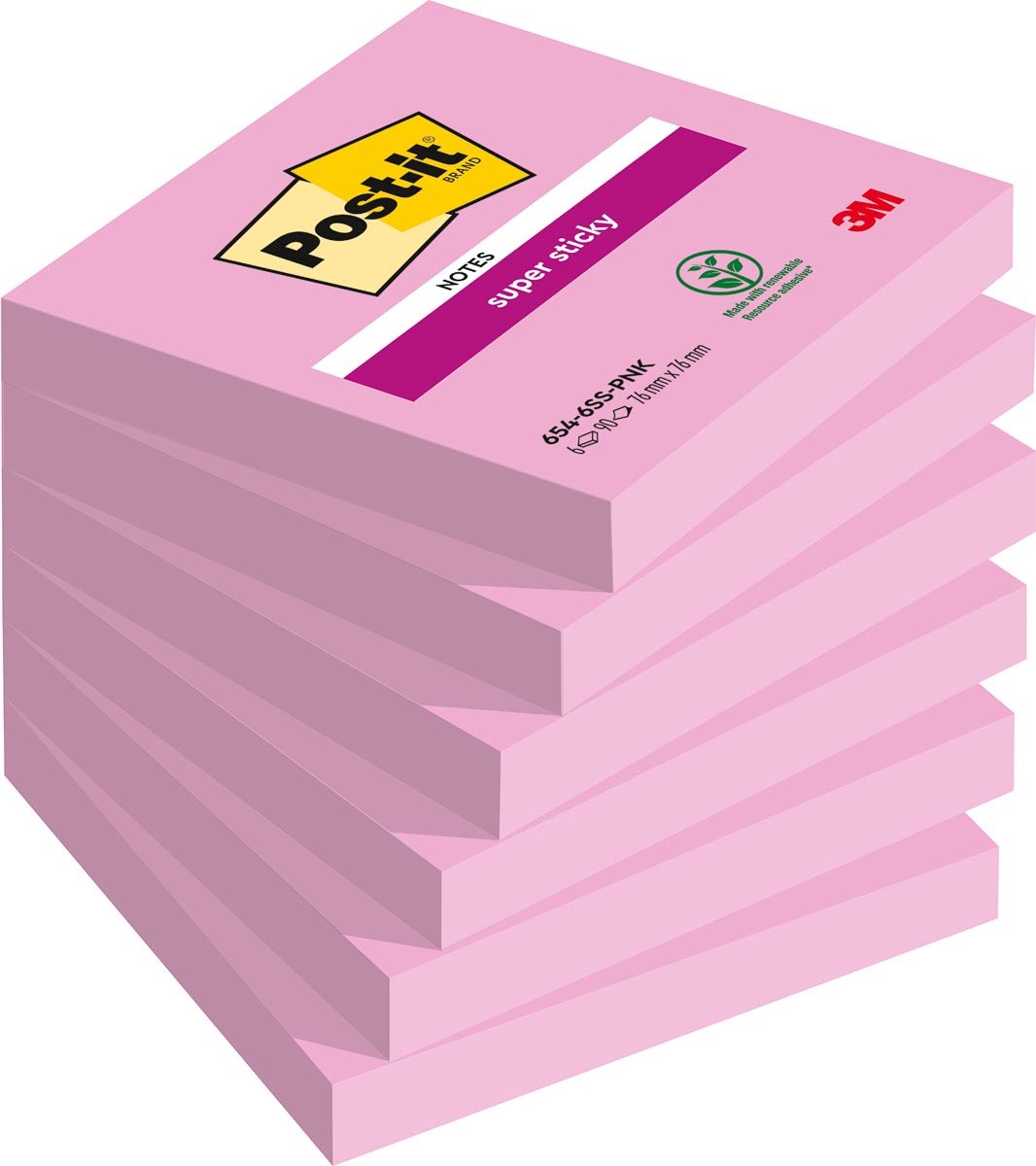 Post-it memo pad 654 super sticky 76x76mm pink 90 ark