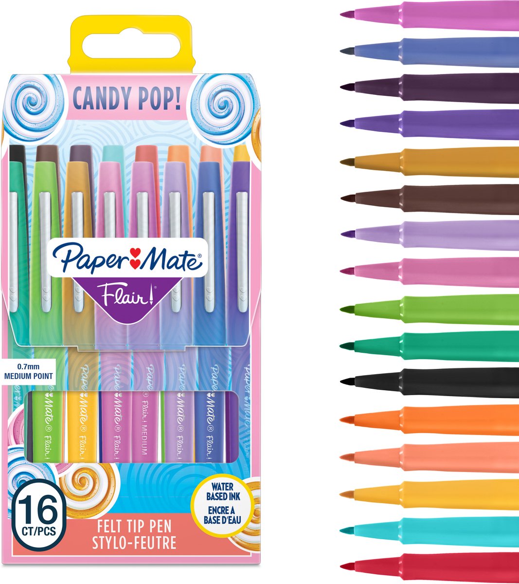 Paper mate tuschpenne | mellempunkt (0,7 mm) | candy pop og forskellige farver | 16 stk