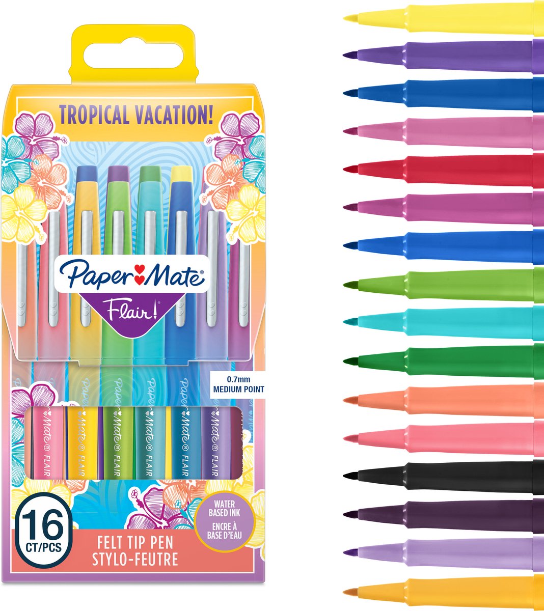 Paper mate flair tuschpenne | mellempunkt (0,7 mm) | forskellige tropiske feriefarver | etui med 16 stk
