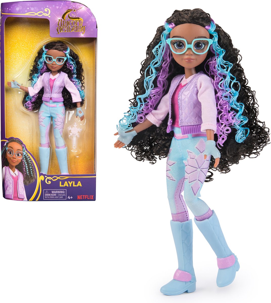 Unicorn academy - 24 cm layla dukke med highlights i håret - 5 modetilbehør - enhjørning legetøj