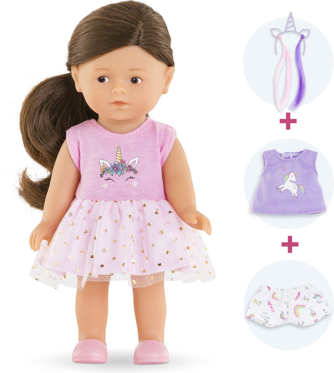 Corolle dukke enhjørning romy 20cm - mini corolline legesæt med tilbehør.