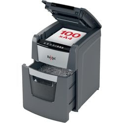 Rexel optimum autofeed+ 100x hviske-støjsvag papirmakulator - p4 makulerer - automatisk fremføring op til 100 ark - 34l - sort