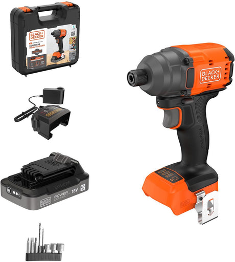 Black+decker 18v børsteløs slagdriver med bits i etui inklusiv 2,5ah batteri og oplader - blim78e1k-qw