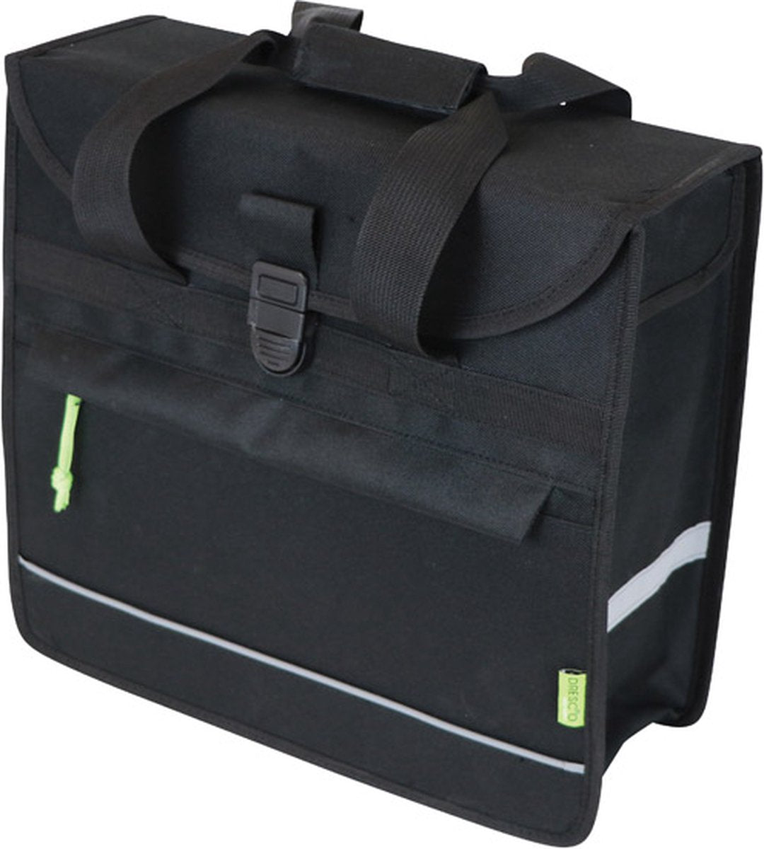 Dresco single cykeltaske basic shopper - kapacitet 20 liter - vandafvisende polyester - to monteringskroge Velcro lukning - praktisk frontlomme - refleks foran og bagpå - mål 37x34x13cm