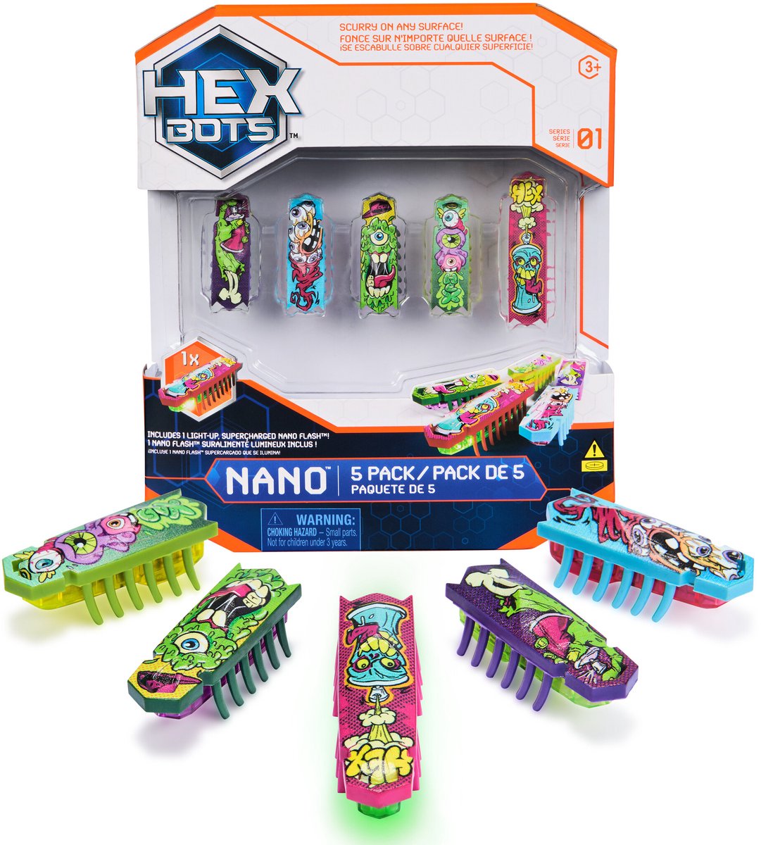 Hex bots nano 5 pack, 4 nano bots med ekstra flash nano, sanselegetøj til børn og katte med vibrationsteknologi, insekt- og minirobotlegetøj