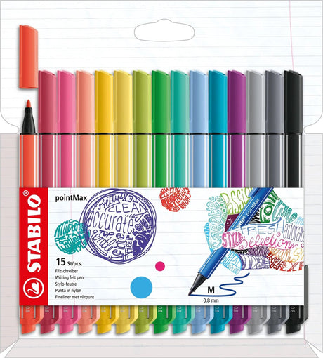Stabilo pointmax - hardtip fineliner 0,8 mm - nylonspids - etui med 15 farver