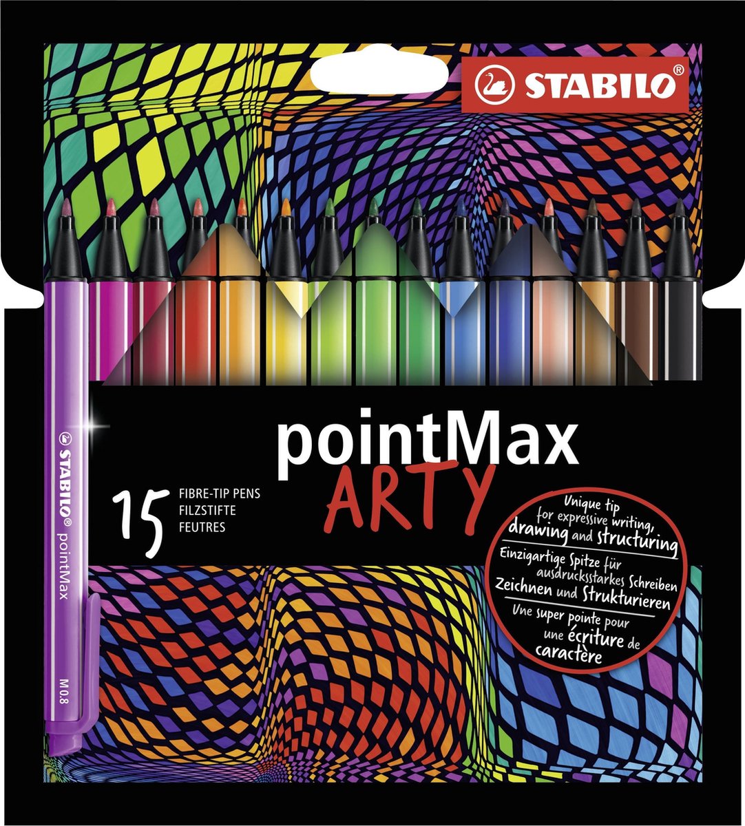 Stabilo pointmax - hardtip fineliner 0,8 mm - arty etui med 15 farver