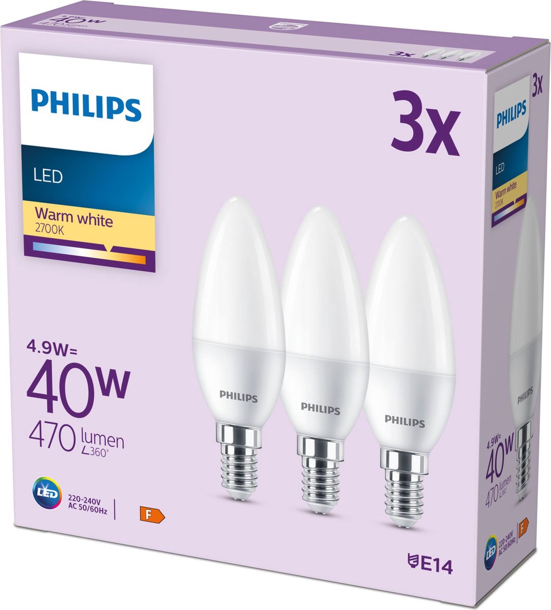 Philips led kaarslamp mat - 40 w - e14 - warmwit licht - 3 stuks