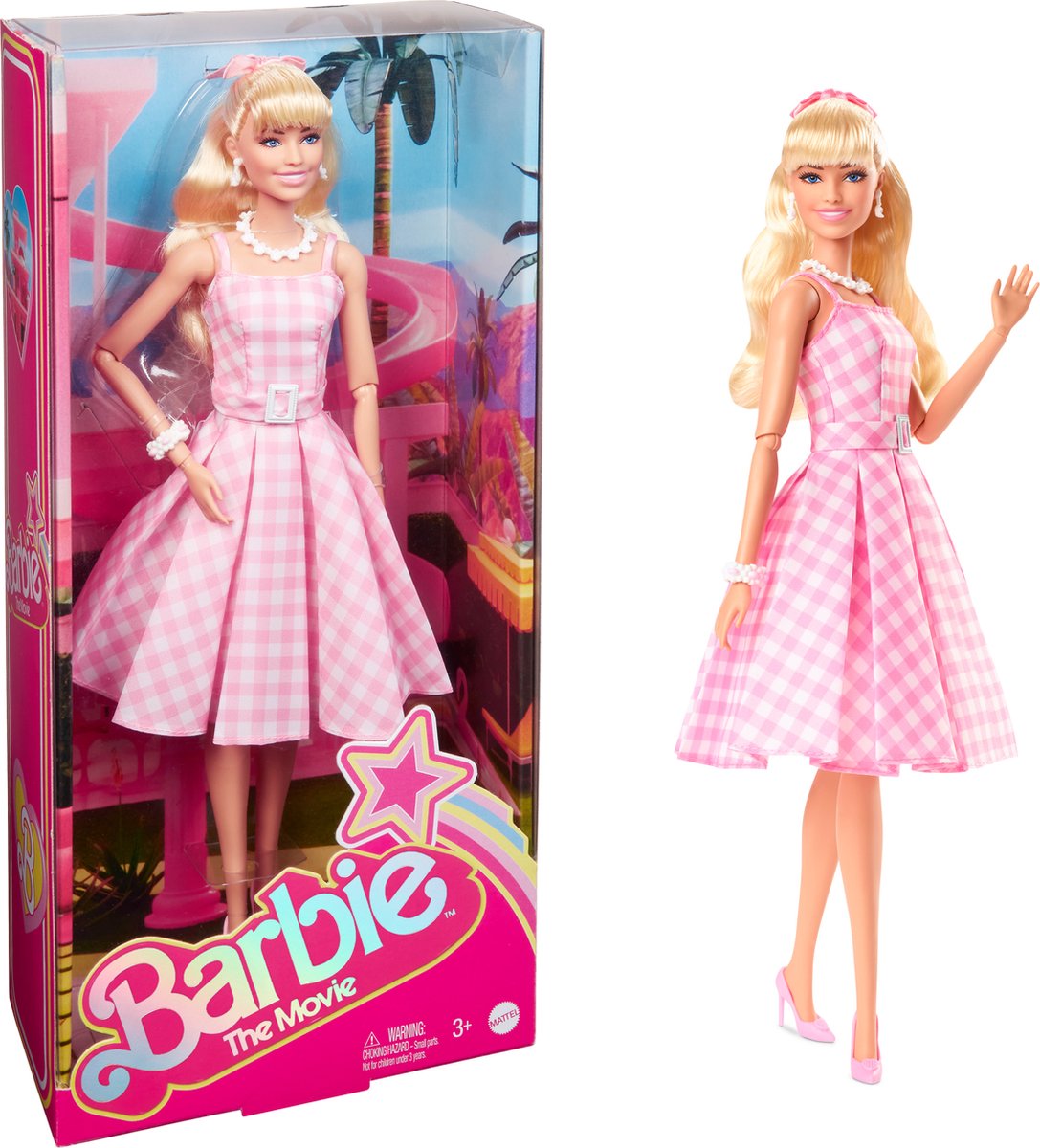 Barbie filmdukken - margot robbie - pink og hvid ternet kjole - 33 cm - filmdukke