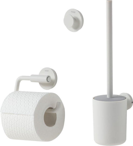 Tiger urban toilettilbehørssæt - toiletbørste med holder - toiletrulleholder uden klap - håndklædekrog - hvid