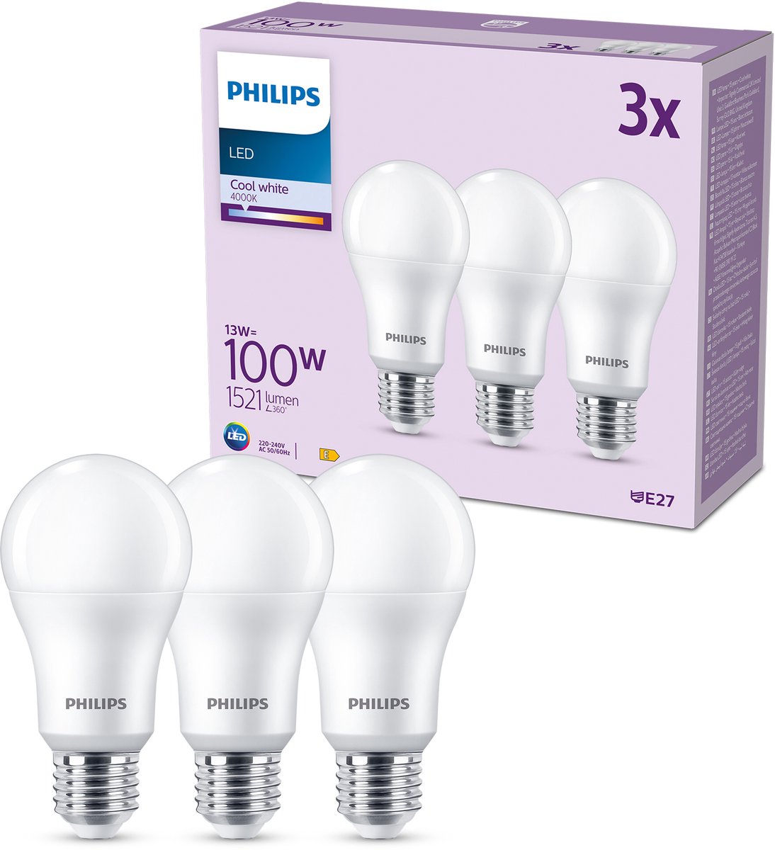 Philips led lamp mat - 100 w - e27 - koelwit licht - 3 stuks