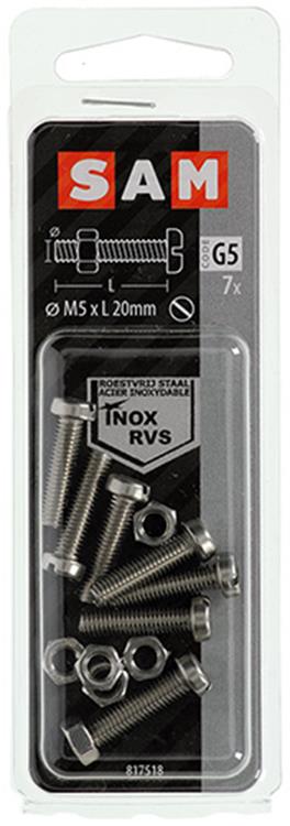 Mack 1019825 - metal skrue cyl. hoved + møtrik rustfrit stål 7 stk m5x20 | 10 stk