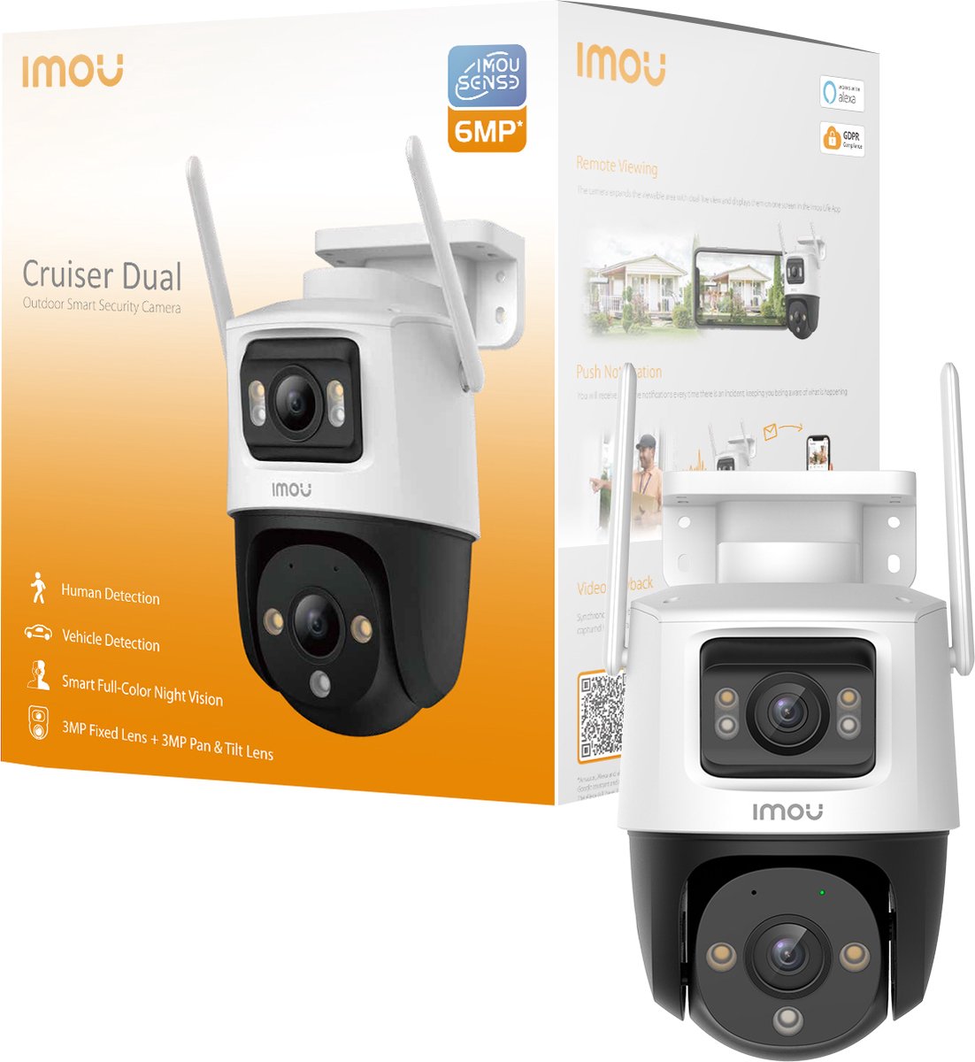 Imou cruiser dual 6mp - udendørs sikkerhedskamera - hvid - dobbelt linsekamera (2 x 3mp) - 360° dækning - nøjagtig person- og køretøjsdetektion - med farve nattesyn - sirene - IP66 vejrbestandig