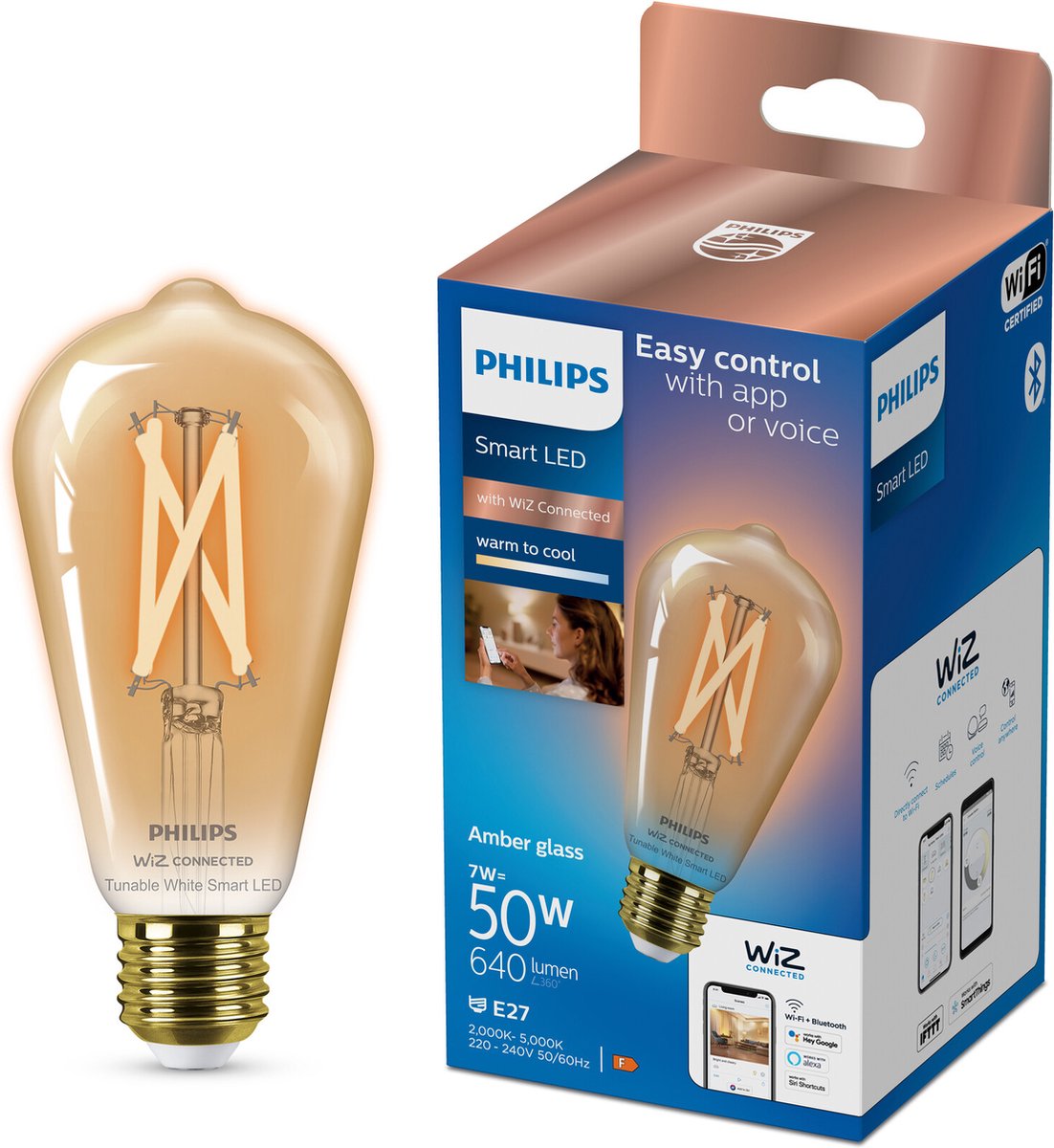 Philips smart lighting - edison filament - slimme led-verlichting - warm- tot koelwit licht - e27 - 50w - goud - wi-fi