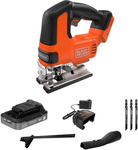 Black+decker 18v børsteløs stiksav med 3 savklinger (med 2,5ah batteri og oplader) - blcjs78e1-qw