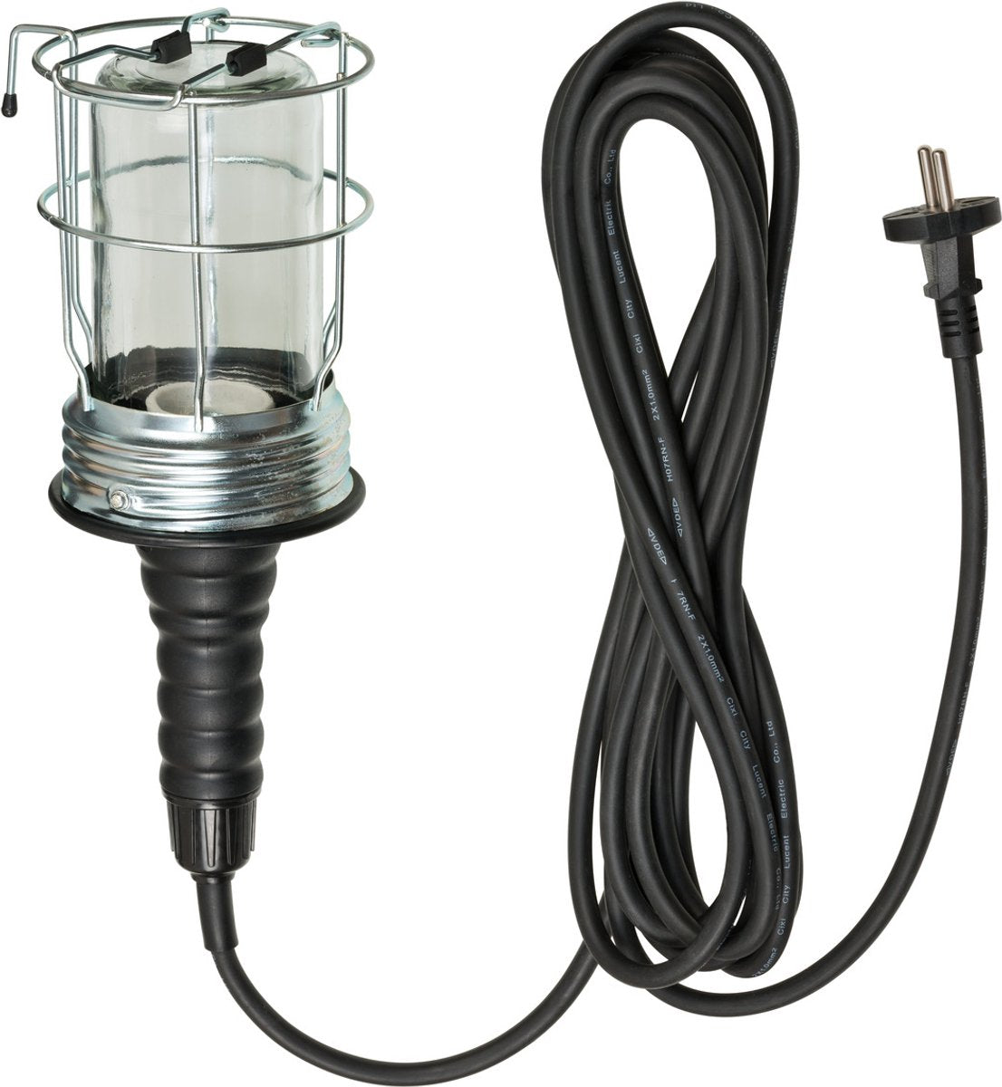 Brennerstuhl håndlampe værkstedslampe lavet af hård gummi med robust beskyttelseskurv (60 w, 136 mm diameter, 5 m kabel) sort