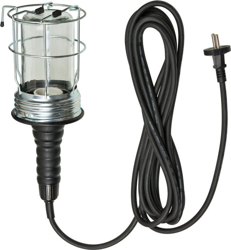 Brennerstuhl håndlampe værkstedslampe lavet af hård gummi med robust beskyttelseskurv (60 w, 136 mm diameter, 5 m kabel) sort