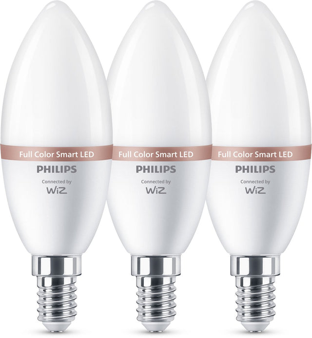 Philips led philips smart lighting - led-kaarslamp - e14 fitting - rgb - gekleurd en instelbaar wit licht - dimbaar - 3 pack - 40w - kaarslamp: c37 - wifi