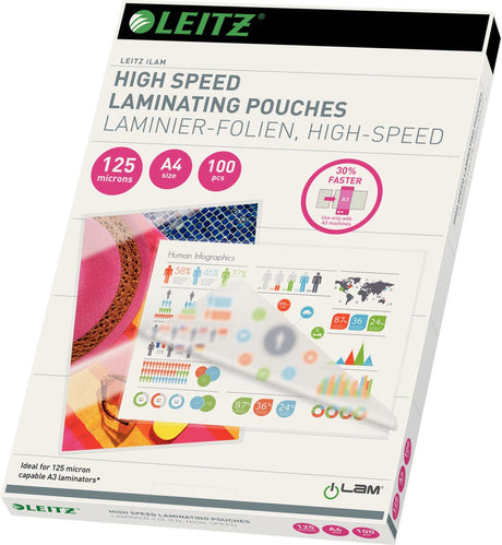 Leitz lamineringsposer a4 - velegnet til a3 laminatorer - højhastigheds - 125 mikrofon - 100 stk.