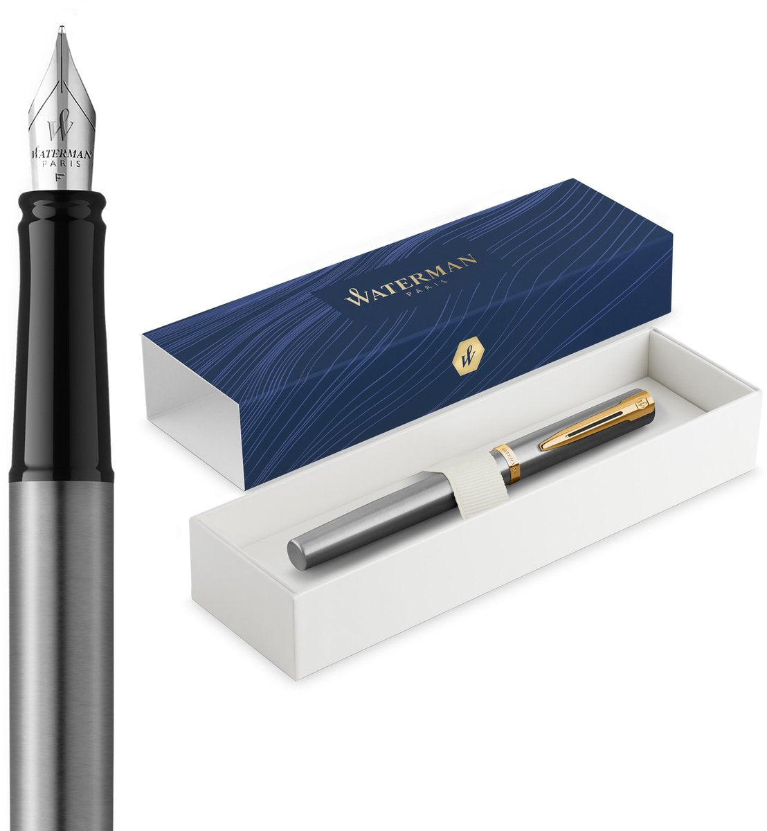 Waterman impression fyldepen | medium påfyldningsspids med blåt blækfyld | rustfrit stål med guldfarvet finish | gaveæske