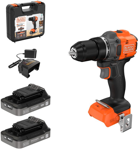 Black+decker 18v børsteløs boremaskine i kuffert (med 2x2,5ah batteri og oplader) - bld782e2k-qw
