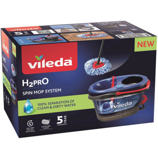 Vileda h2pro spinmoppesystem - komplet moppesæt med spand og pedaltryk - 2 separate vandbeholdere - altid rent vand