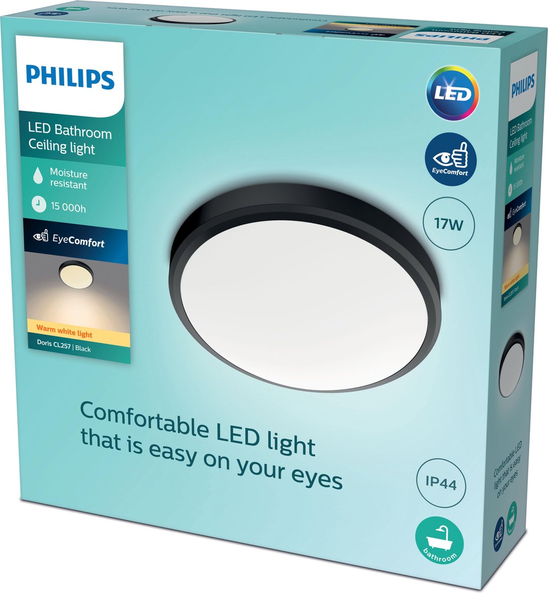 Philips led philips doris badkamer plafondlamp - zwart - groot - 17 w