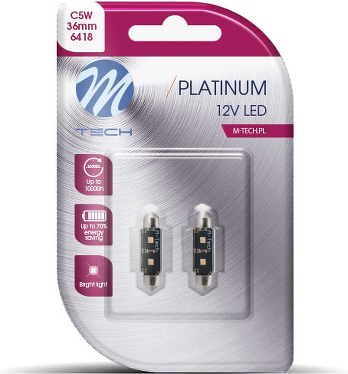 M-tech led c5w 12v 36mm - platin 2x led diode - canbus - hvid - sæt