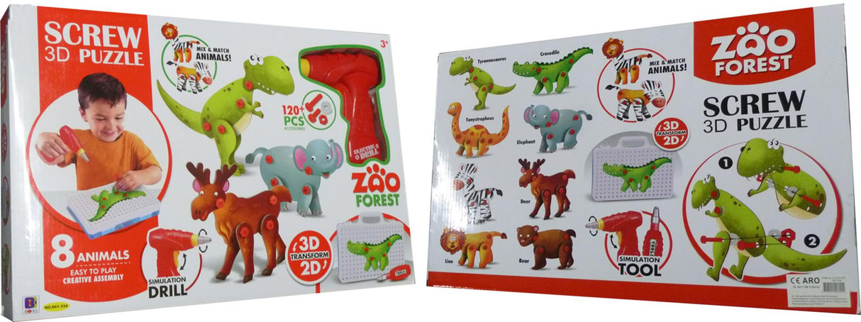 Schmidt 3D skruepuslespil med 8 vilde dyr og batteridrevet skruemaskine