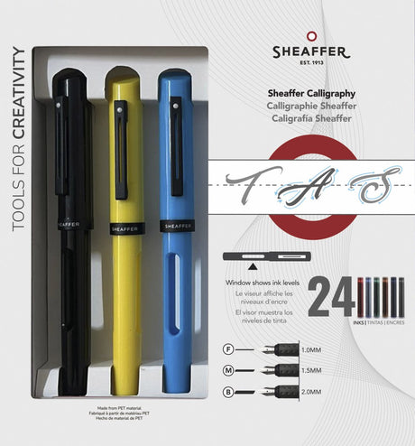 Sheaffer kalligrafi pen - sort, blå, gul maxi - nib f m b - sf-93404