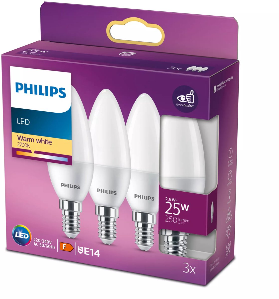 Philips led energiezuinige kaars mat - 25 w - e14 - warmwit licht - 3 stuks - bespaar op energiekosten