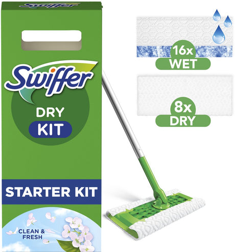 Swiffer gulvrens startsæt - 1 gulvrens + 16 tørre + 8 fugtige gulvservietter