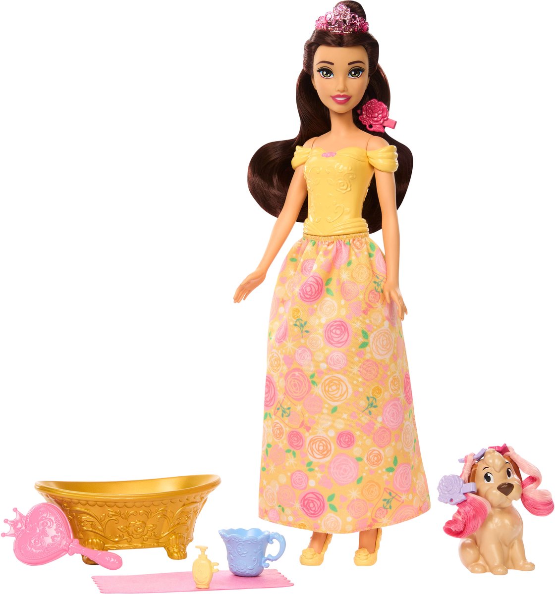 Disney prinsesse bella dukke med hvalp gul