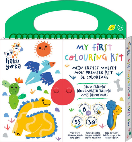 Haku yoka: mit første farvesæt dino friends 20,5x24x2cm, indeholder 6 voksfarveblyanter med smilende ansigt, 35 farveark og aftagelige klistermærker, indeholder 10% bivoks, 3+