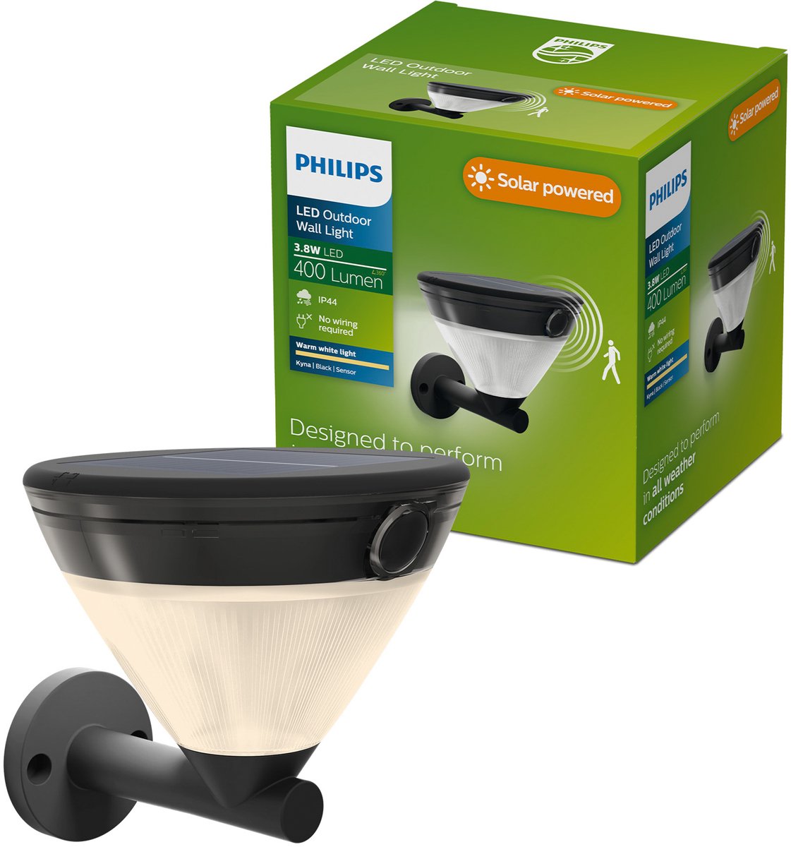 Philips led philips kyna solar wandlamp - zonne-energie - warmwit licht: 2700k - zwart - twee lichtstanden - schemersensor - bewegingssensor - ip44: weerbestendig - solar buitenverlichting