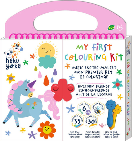 Haku yoka: mit første farvesæt unicorn friends 20,5x24x2cm, indeholder 6 voksblyanter med smilende ansigt, 35 farveark og aftagelige klistermærker, indeholder 10% bivoks, 3+