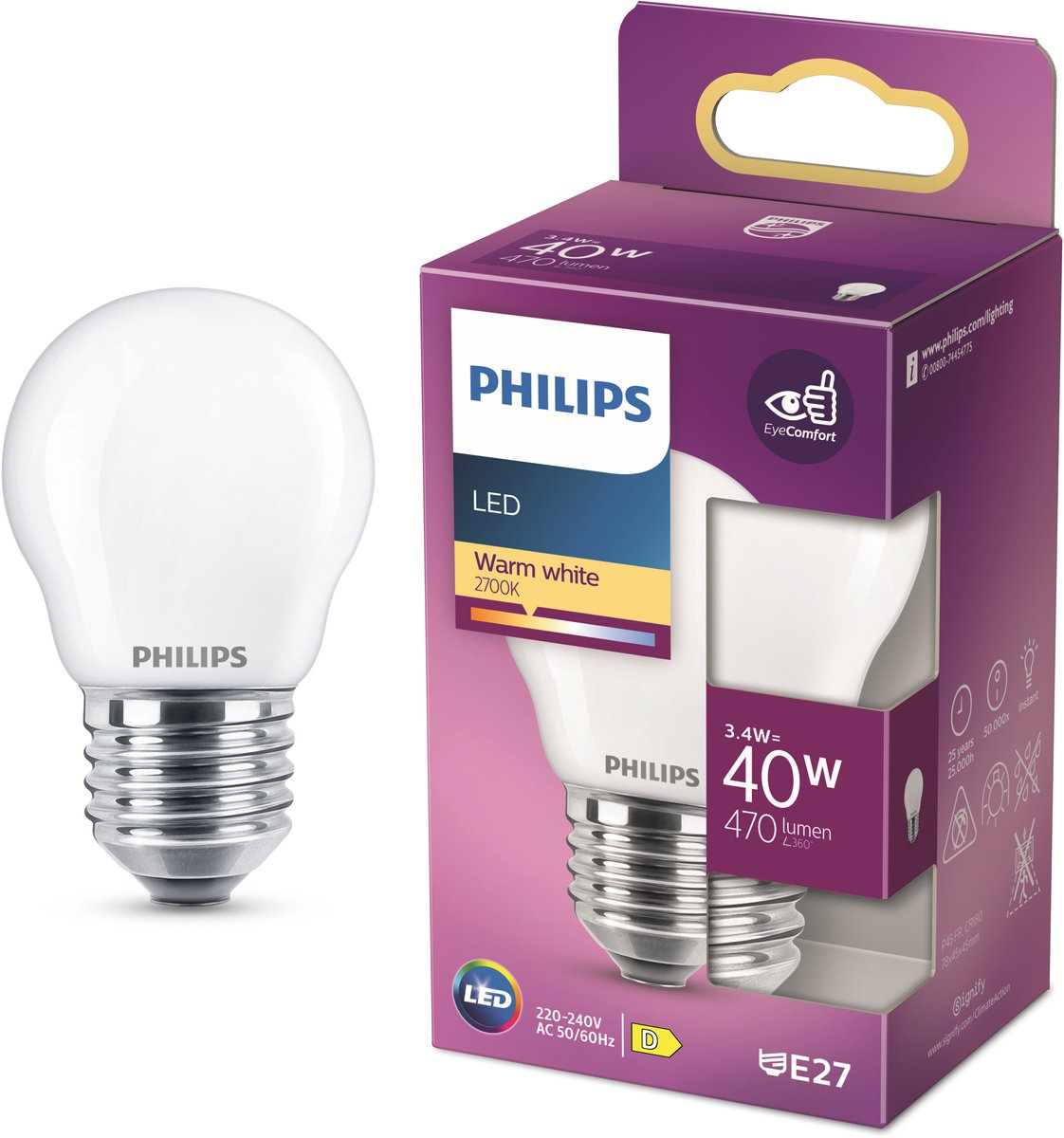 Philips led lamp - kogellamp met e27 fitting - warmwit licht: 2700k - 40w - mat glas