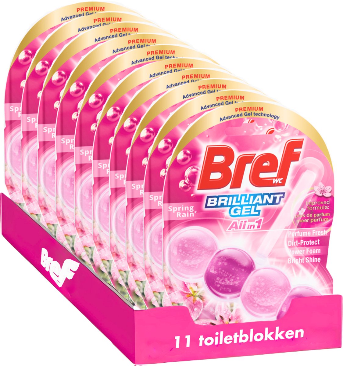 Bref - brilliant gel - forårsregn - allin1 - toiletblok - strålende rengøring - langvarig friskhed - værdipakke - 11 stk.