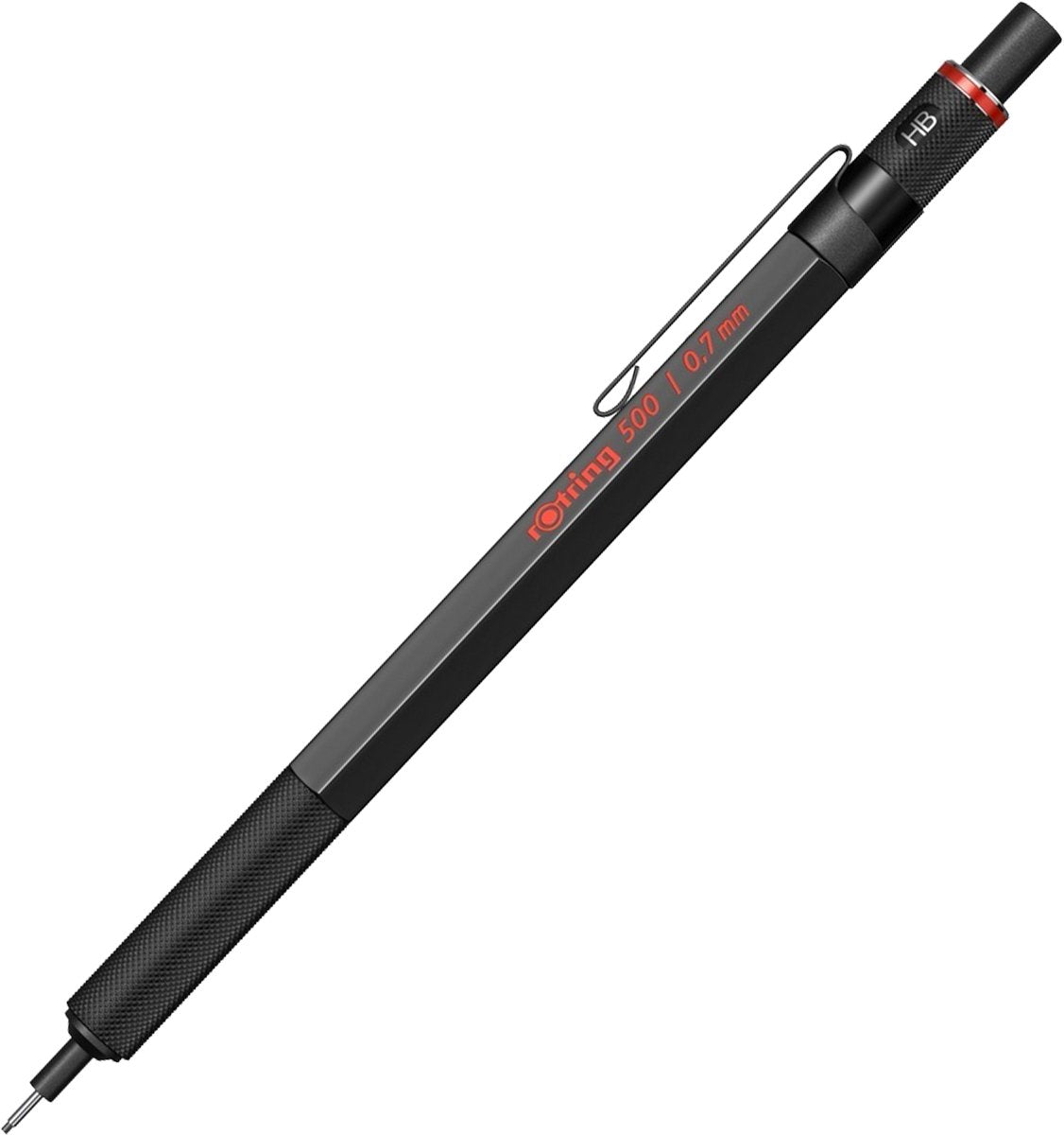 Rotring 500 mekanisk blyant | 0,7 mm HB pin | sort sekskantet plastikhus og skridsikkert tekstureret metalgreb