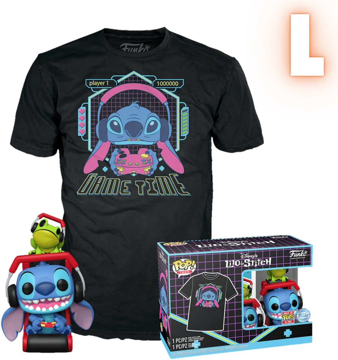 Funko lilo stitch gamer stitch med frø - pop! t-shirt herrer dukke! - neutral - l