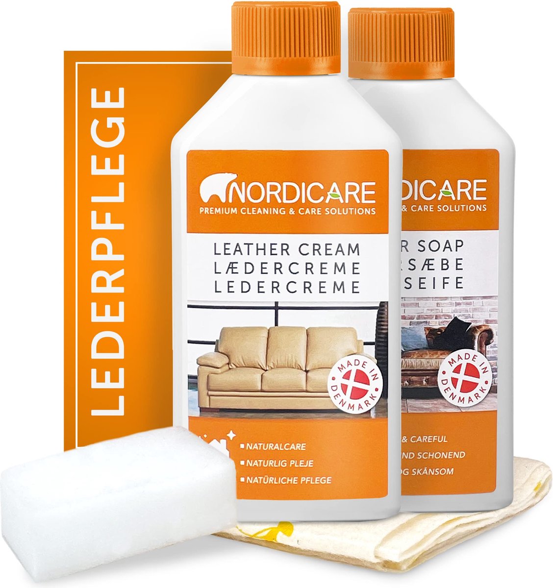 Nordicare læderplejesæt (250 ml) til bil, sofa og møbler, læderrens til læderpleje, læderplejesæt, læderrens, læderplejesofa, læderrens, læderplejebil