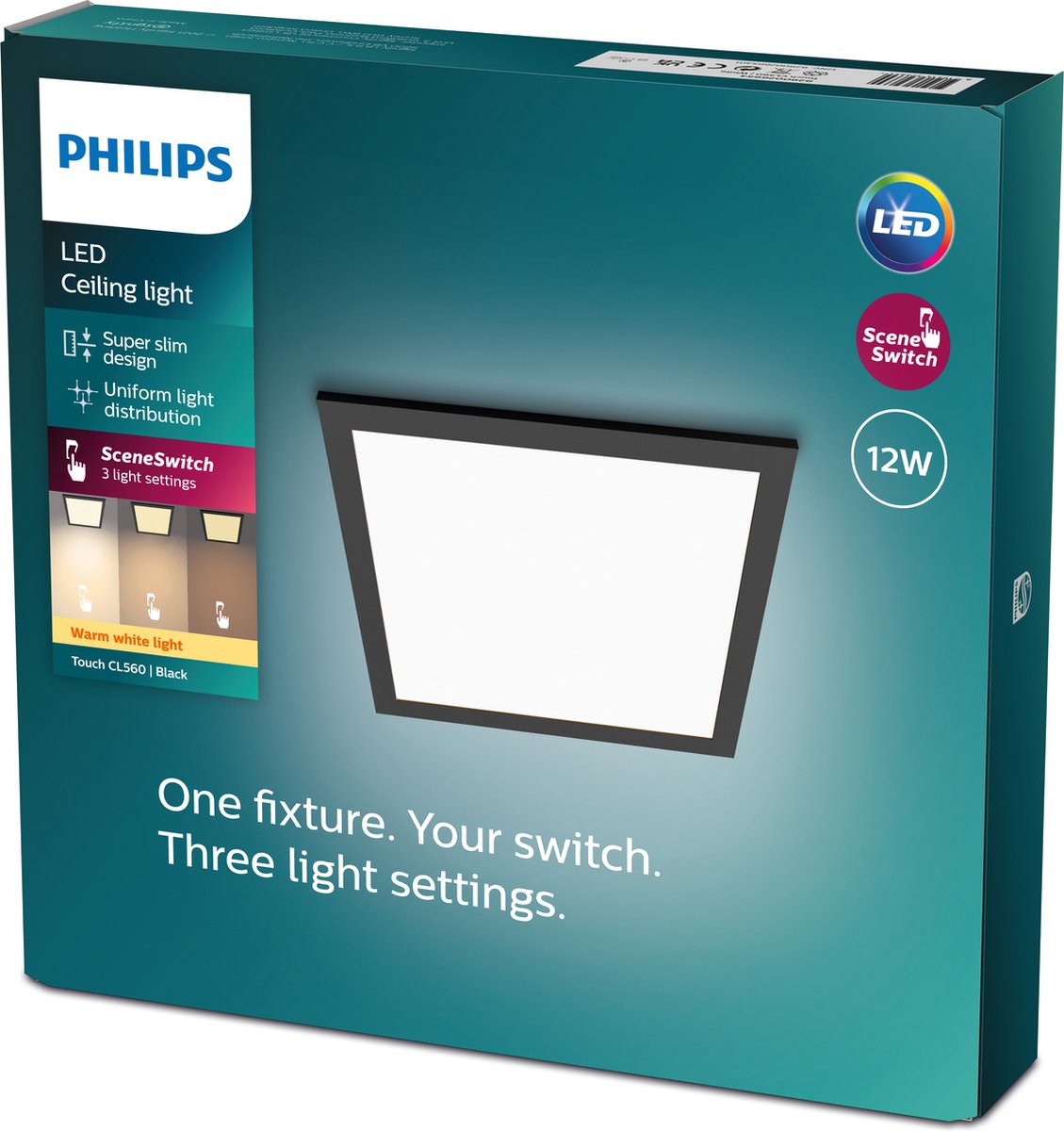 Philips led philips touch plafondlamp- zwart - vierkant - 12 w