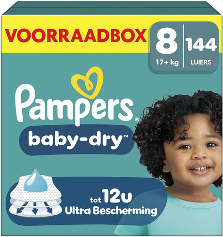 Pampers baby-dry str. 8 - 144 bleer - 17kg+ - opbevaringsboks