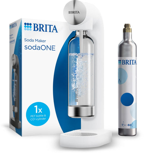 Brita sodaone brusendevandsmaskine hvid - med 1 CO2 cylinder og 1 sodavandsflaske