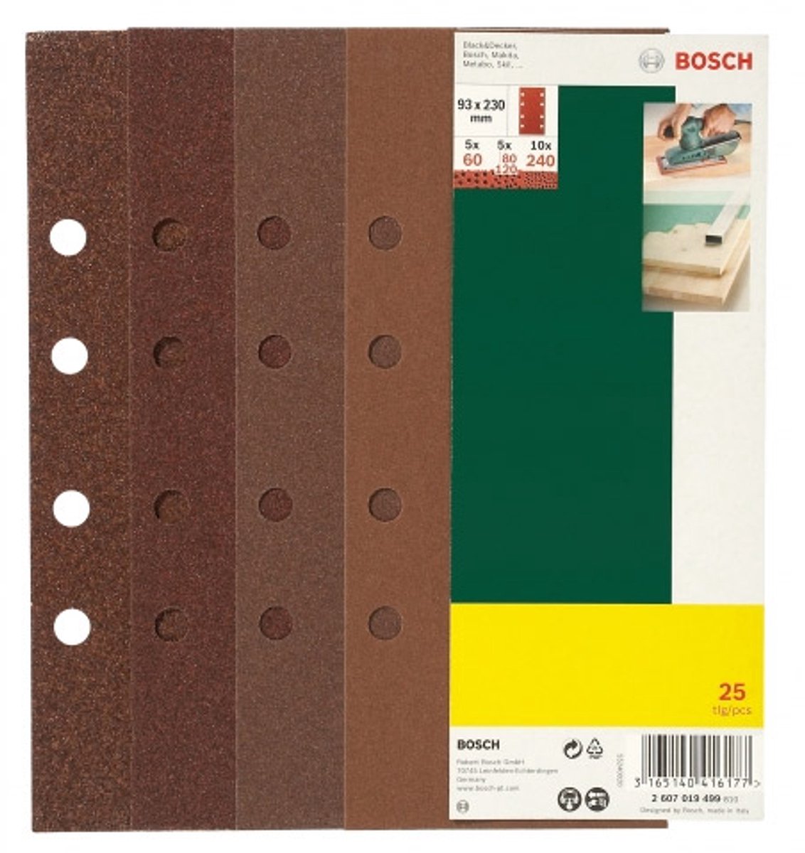 Bosch 25-delt slibepladesæt til orbitalsliber perforeret 93 x 230 mm - korn 60; 80; 120; 240